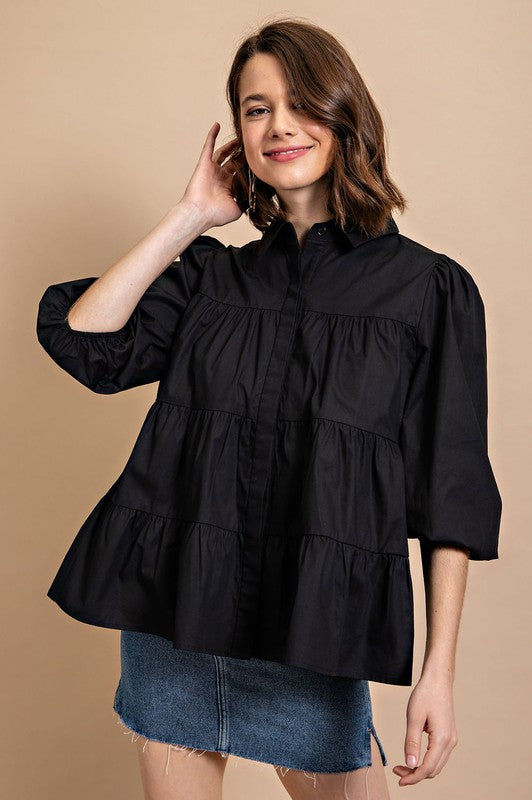Black Poplin Button Down Blouse