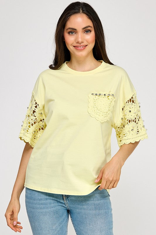 Yellow Lace & Pearls Detail T-Shirt