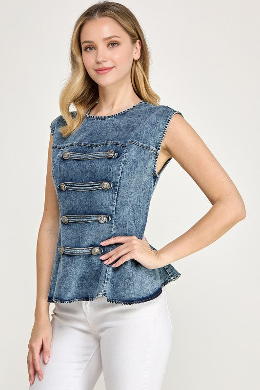Pre-order Agosto 10 Denim Military Peplum Top