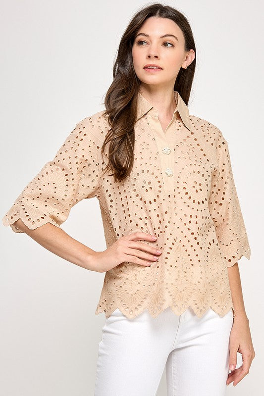 Khaki Keyhole Detail Collar Polo Top