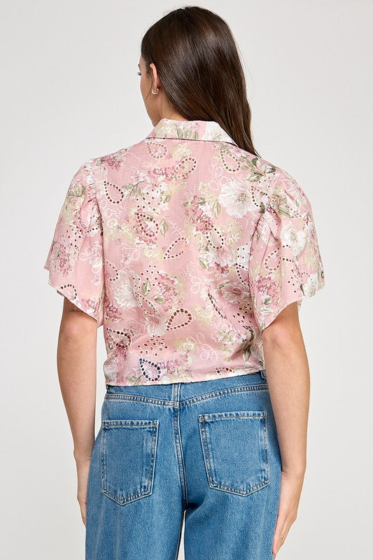 Pink Keyhole Florals Details Shirt