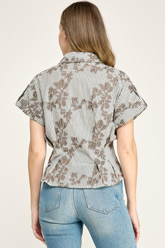 Pre-order June 29 Taupe Floral Embroidery Shirt