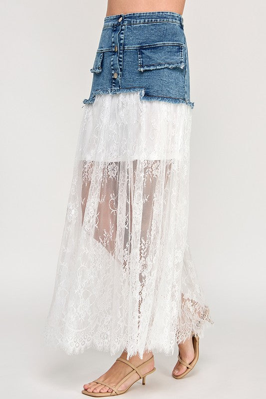 Pre-order mayo 12 White Lace & Denim Skirt
