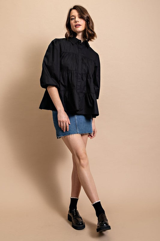 Black Poplin Button Down Blouse