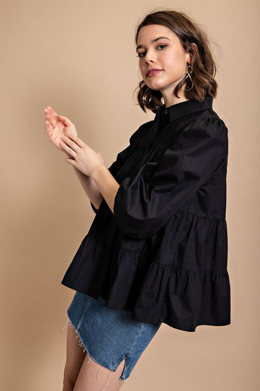 Black Poplin Button Down Blouse