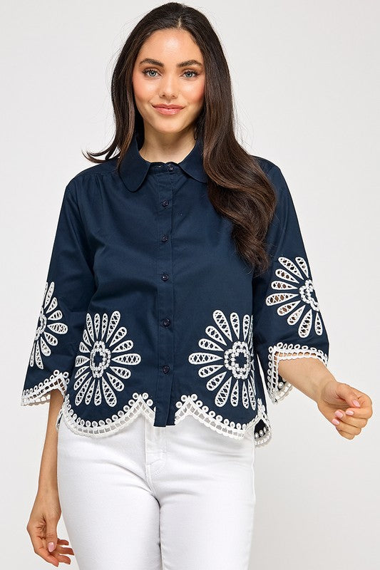 Navy Embroidery Top