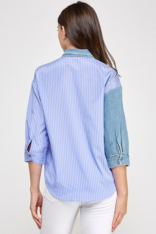 Blue Stripe Button Down Denim Shirt