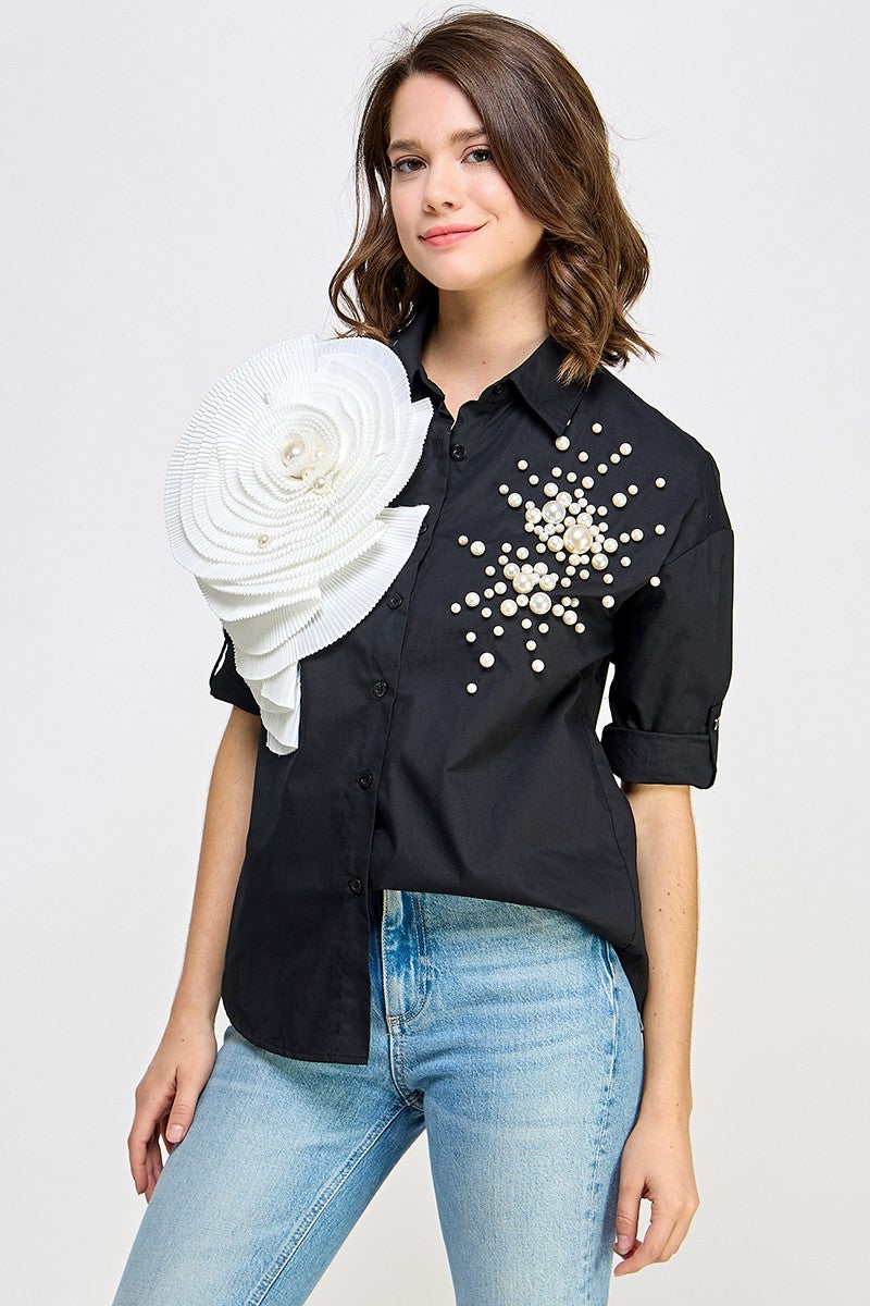 Re-Stock RHINESTONE N FLORAL DETAIL SHIRT