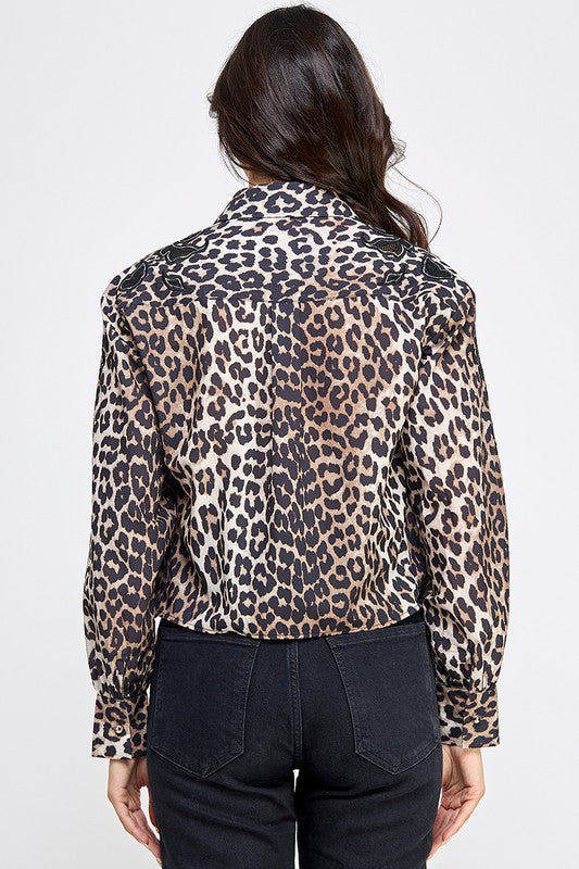 Animal Print Button Down Shirt with Lace