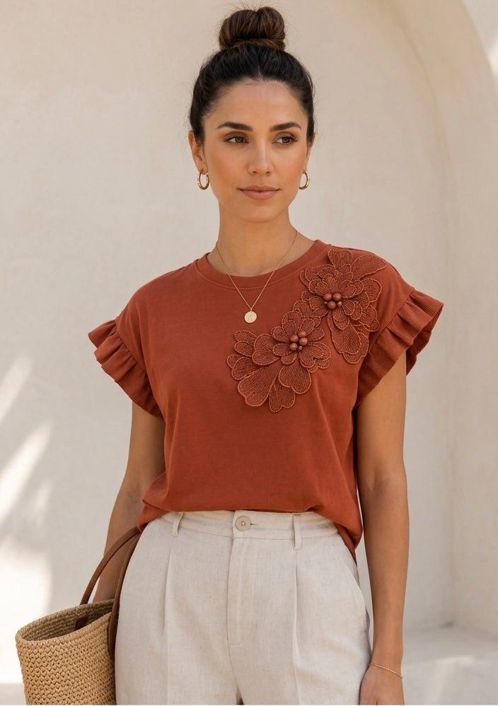 Rust Embroidery Flower Top