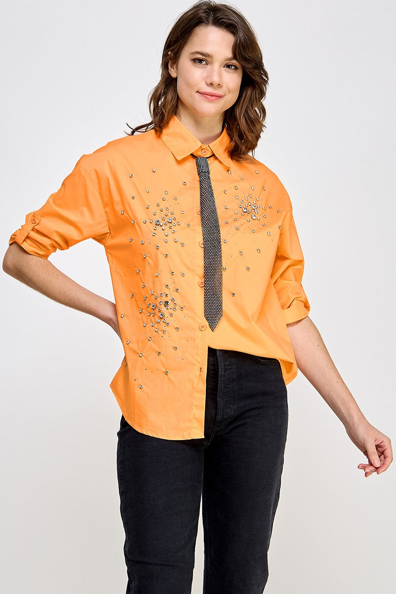 Orange Tie in Rhinestone Shirt