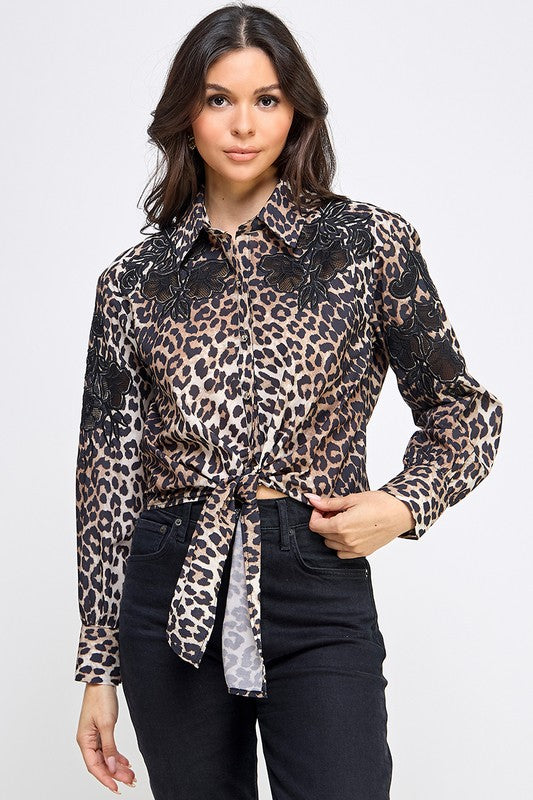 Animal Print Button Down Shirt with Lace