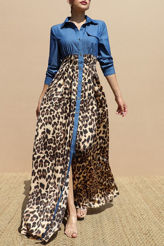 Leopard Long Sleeves Maxi Dress