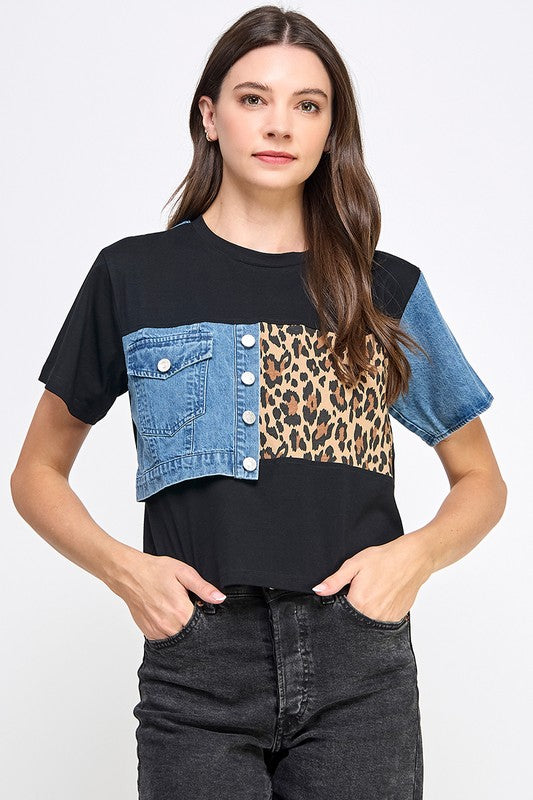Black Denim & Leopard T-Shirt