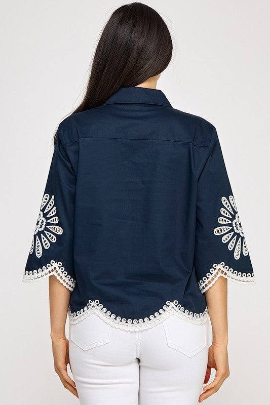 Navy Embroidery Top