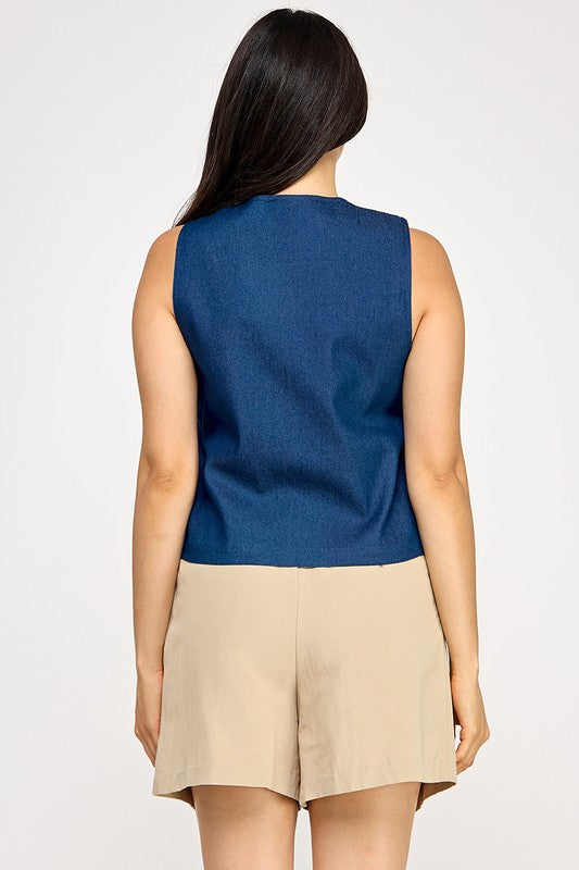 Dark Denim Embroidery Detail Denim Vest