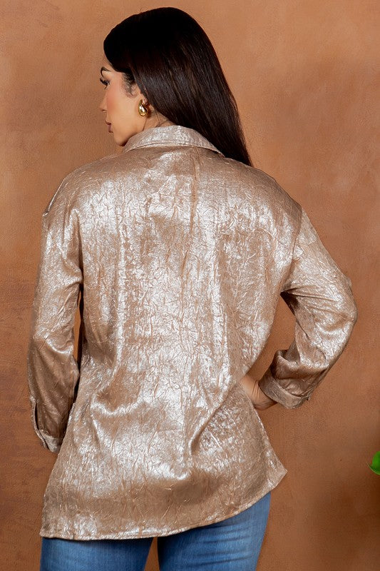 3Q Sleeve Gold Shiny Button Down Shirt