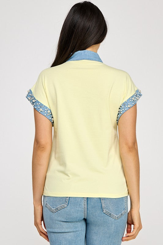 Yellow Rhinestone Detail & Denim Top