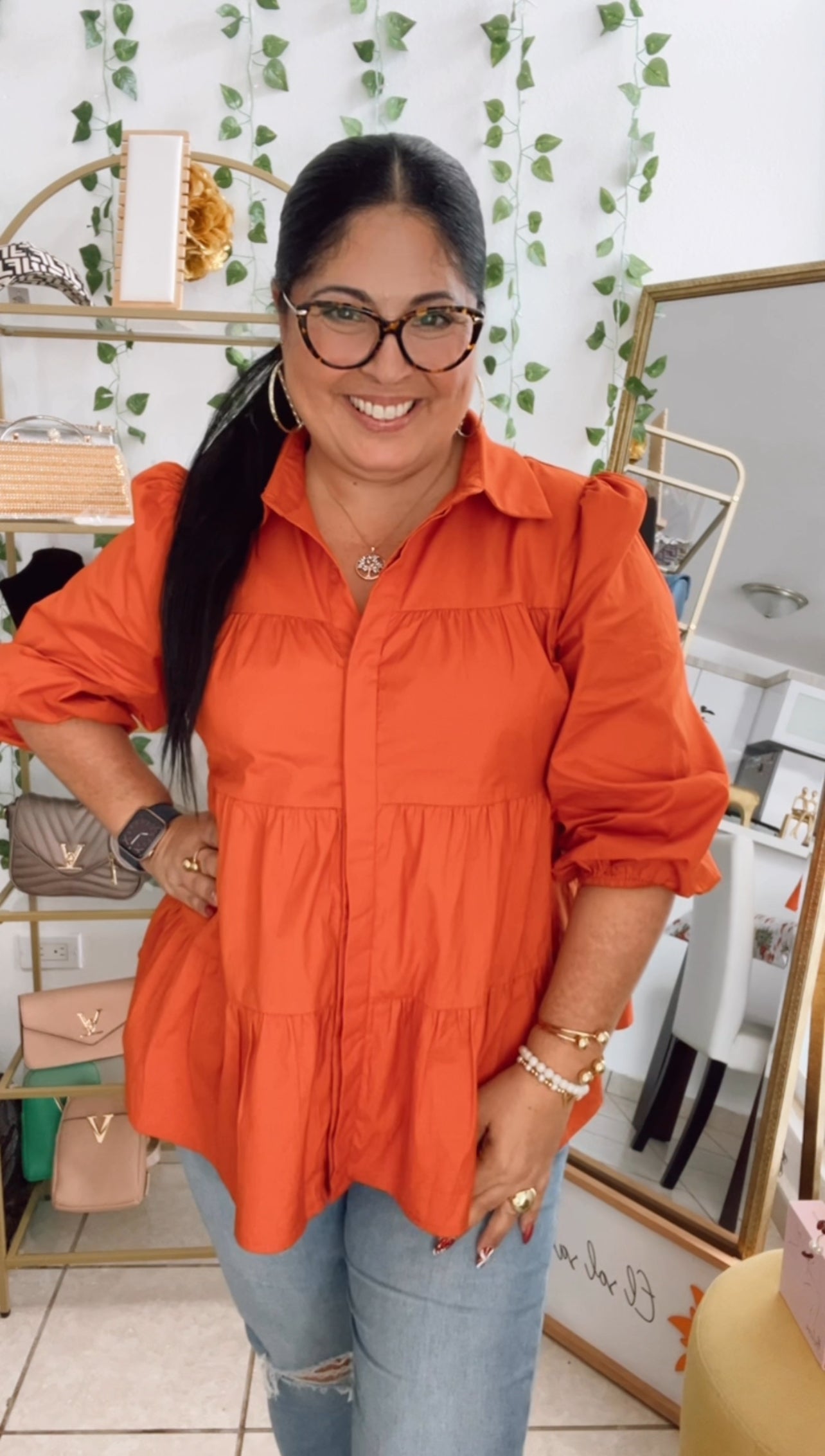 Orange Poplin Button Down Blouse