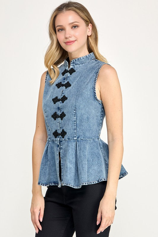 Pre-Order Agosto 31 Light Denim Mandarin Pepplum Top
