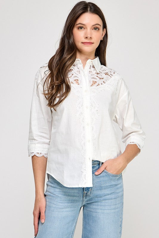 White Lace Trim Button Down Shirt