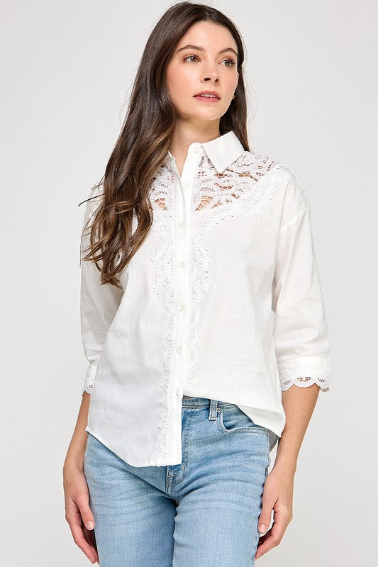 White Lace Trim Button Down Shirt