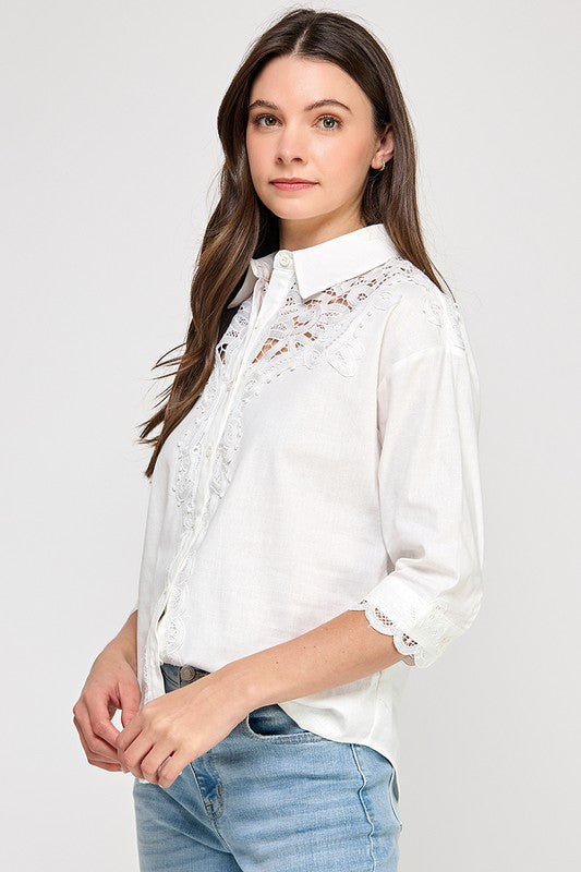 White Lace Trim Button Down Shirt