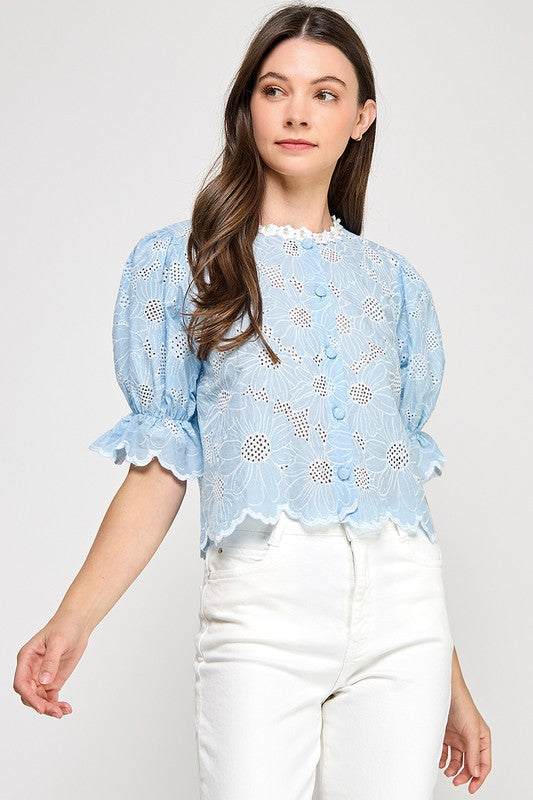 Blue Lace Trim Keyhole Shirt