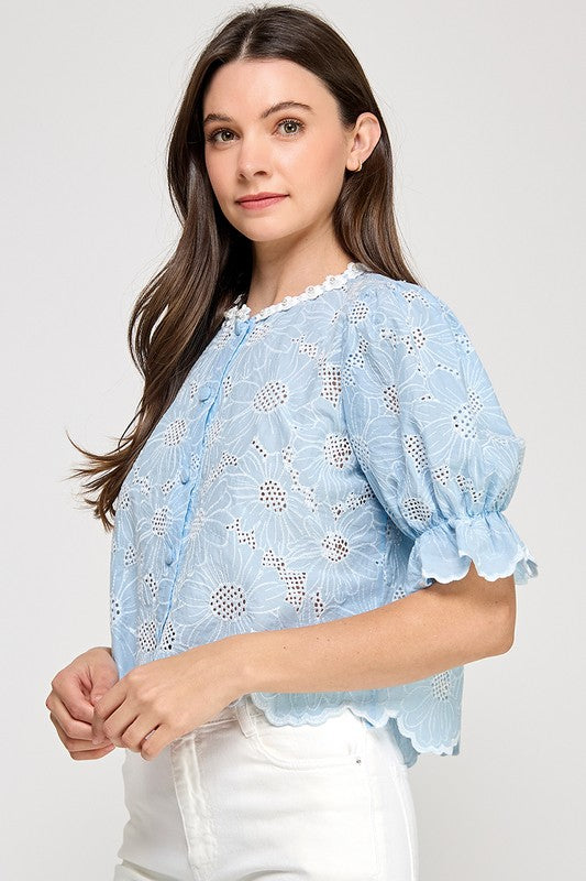 Blue Lace Trim Keyhole Shirt