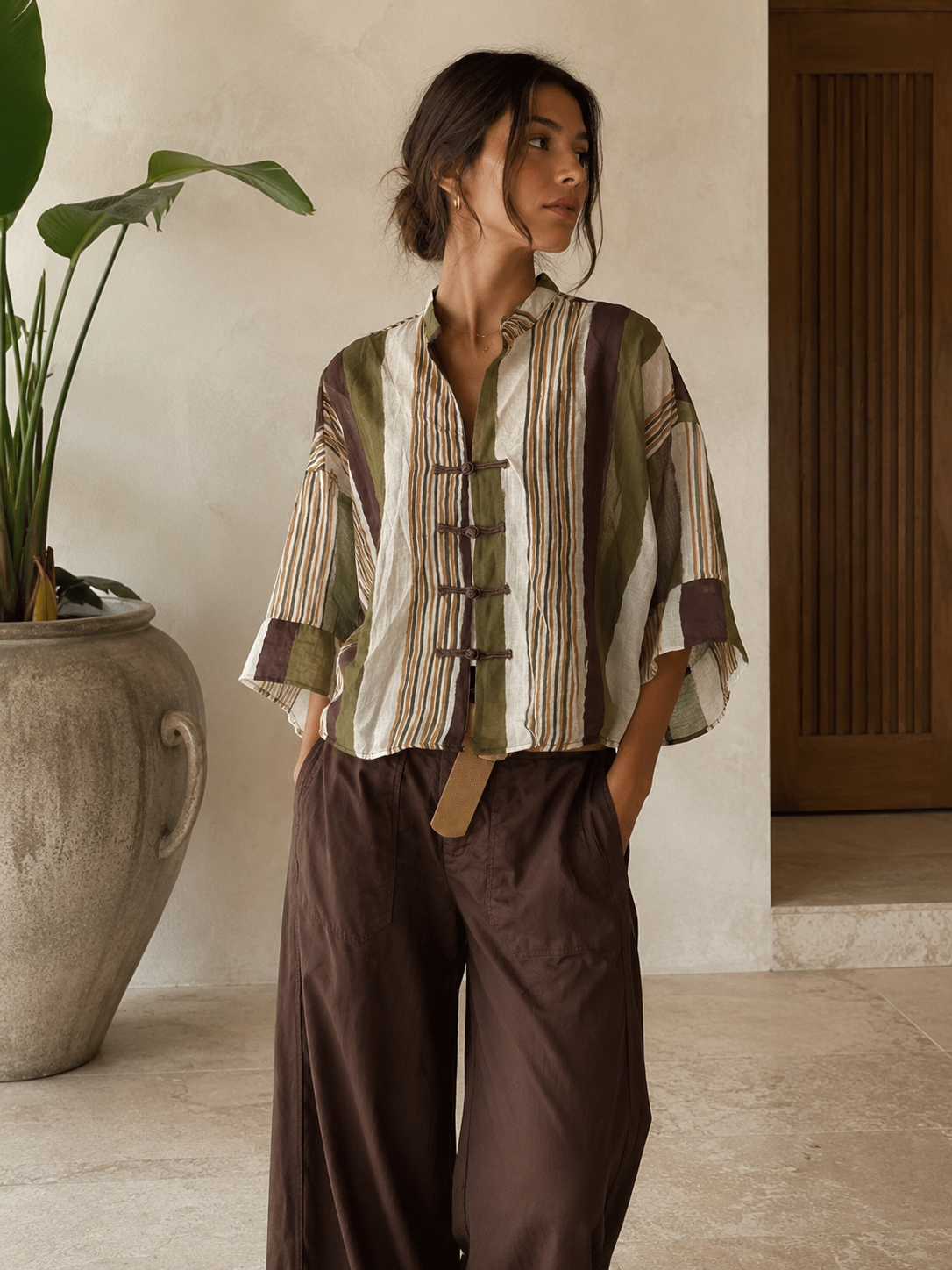 🇮🇹 Olive/Brown Mandarin Blouse One size (S a L)