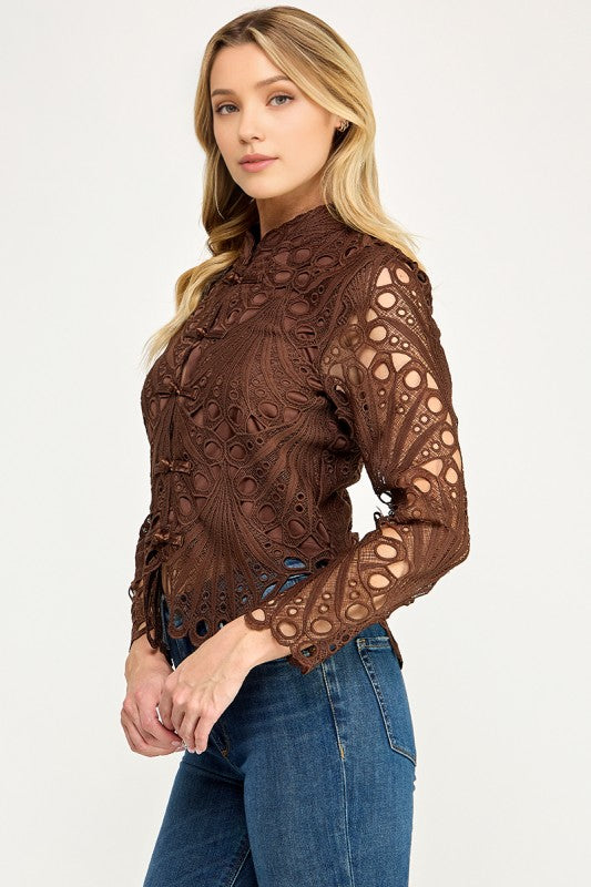 Pre-order Oct 19 Brown Mandarin Lace Top
