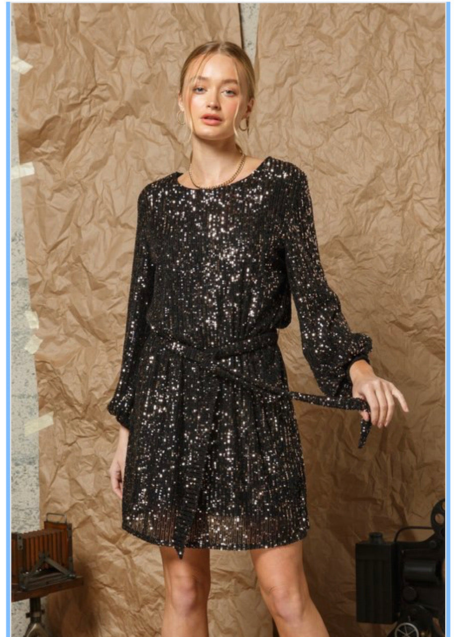 Black Oversize Sequin Long Sleeve Dress