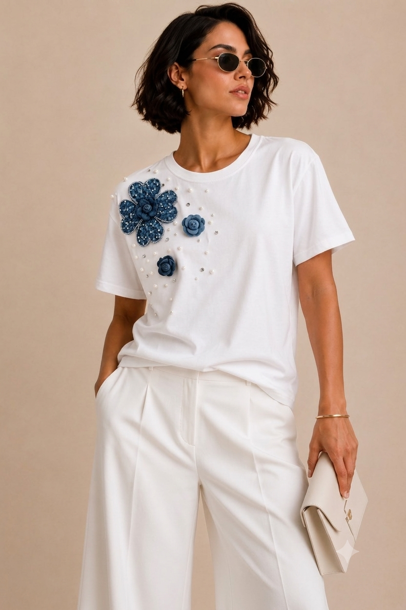 White & Denim Flower T-Shirt