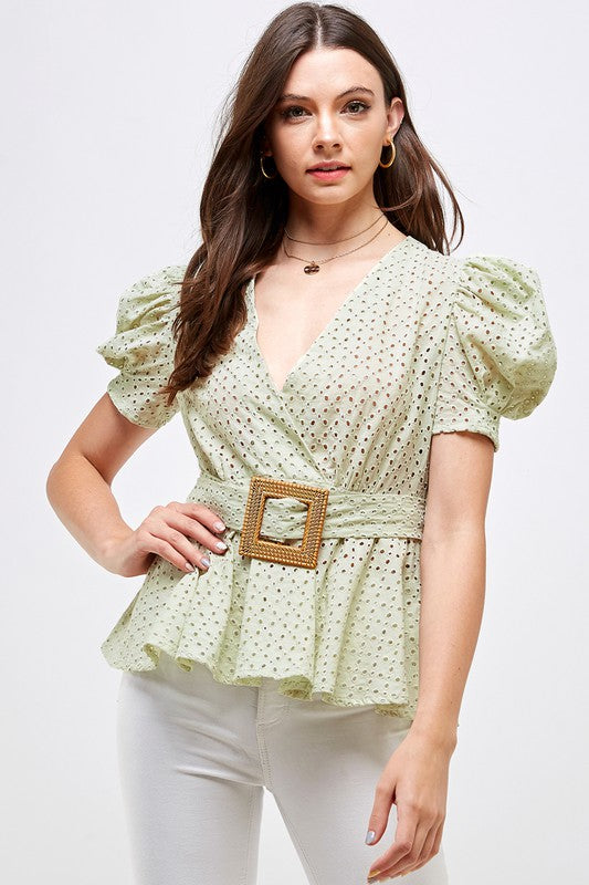 Puffed Sleeve Peplum Top with Belt