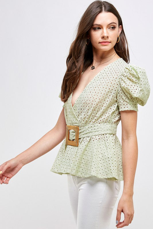 Puffed Sleeve Peplum Top with Belt