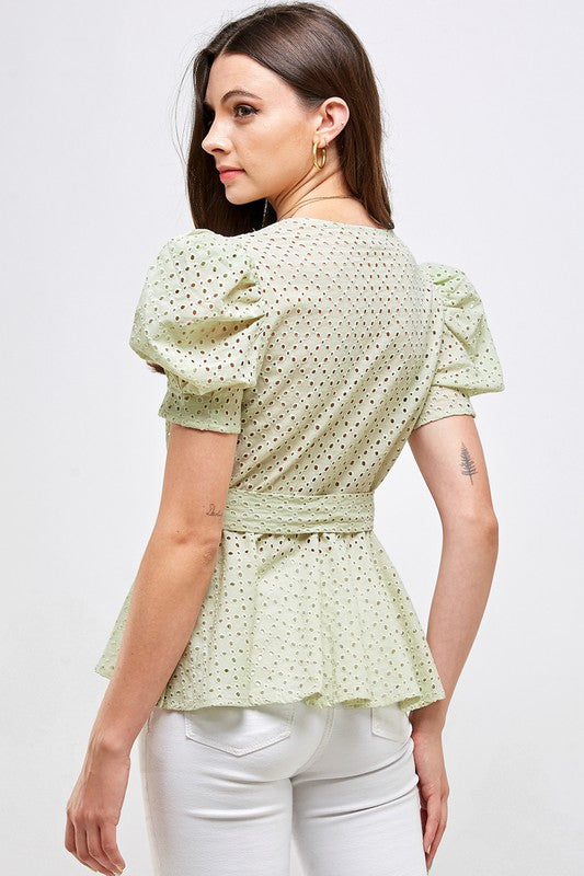 Puffed Sleeve Peplum Top with Belt