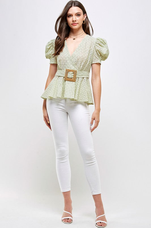 Puffed Sleeve Peplum Top with Belt