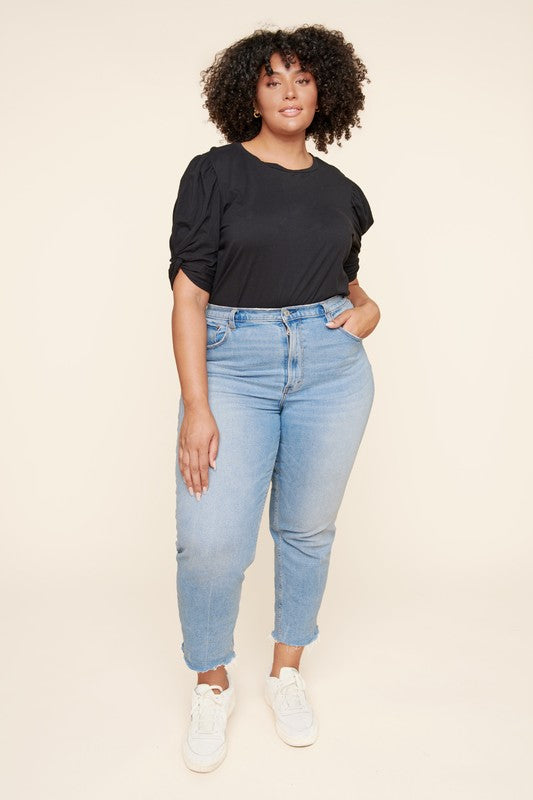 Black Knot Puff Sleeve Cotton Knit Top