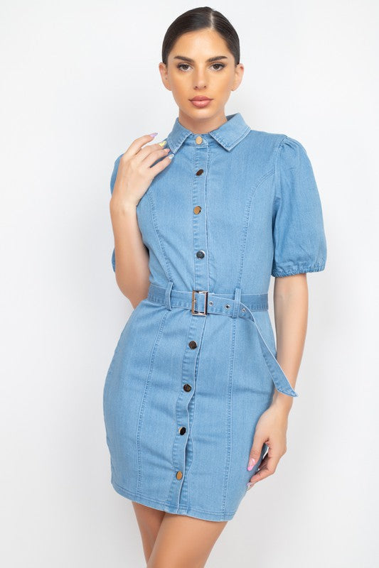 Puff Sleeve Button-Down Belted Denim Dress Small Puff Sleeve Button-Down Belted Denim Dress Small