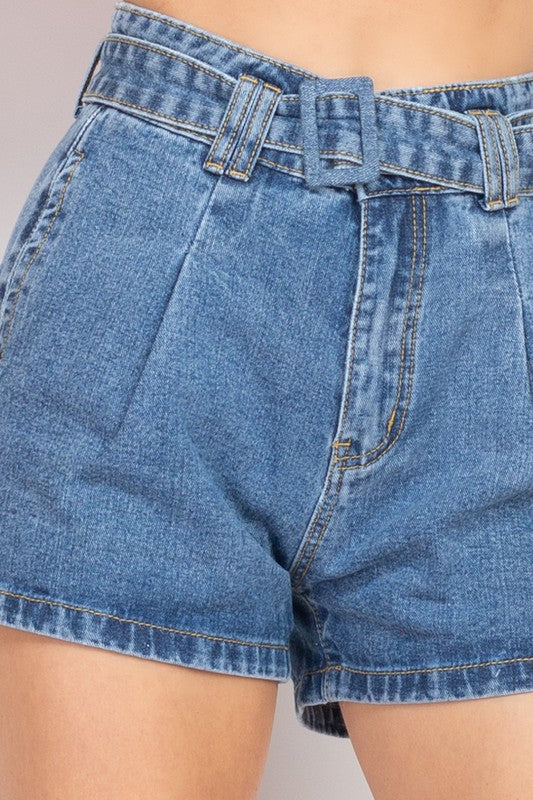Belted Mini Pleated Dark Denim Short