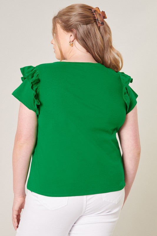 Green Ruffle Shoulder Cotton Knit Top Curve