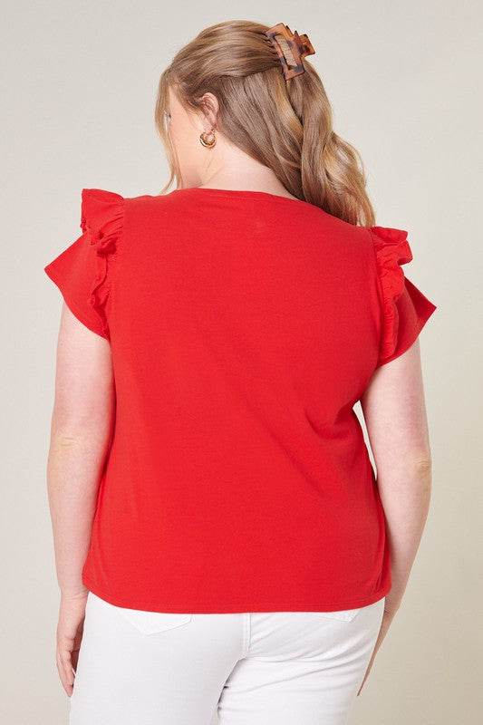 Red Ruffle Shoulder Cotton Knit Top Curve