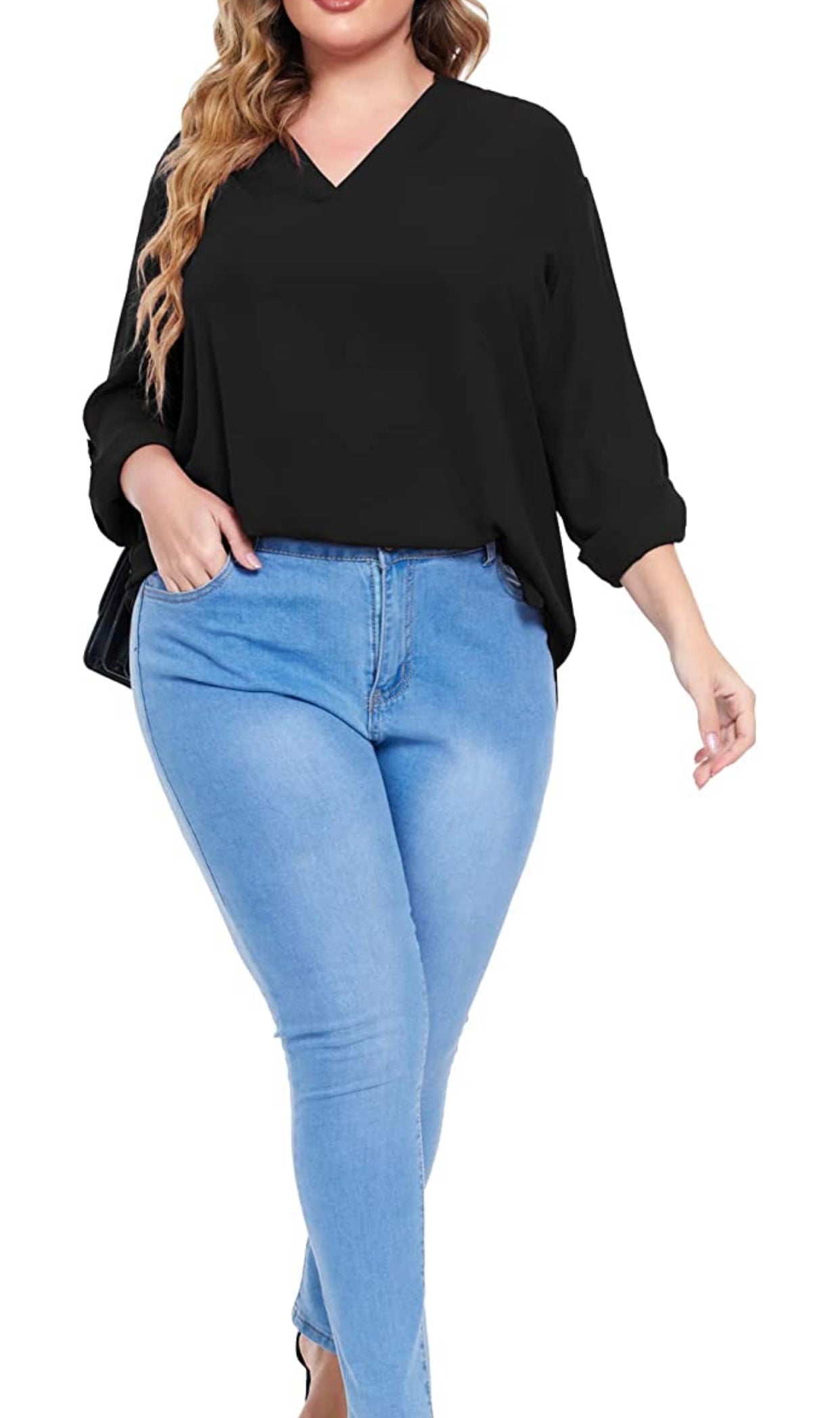 Blouse Roll-Up Long Sleeve Tops V Neck Casual Shirts