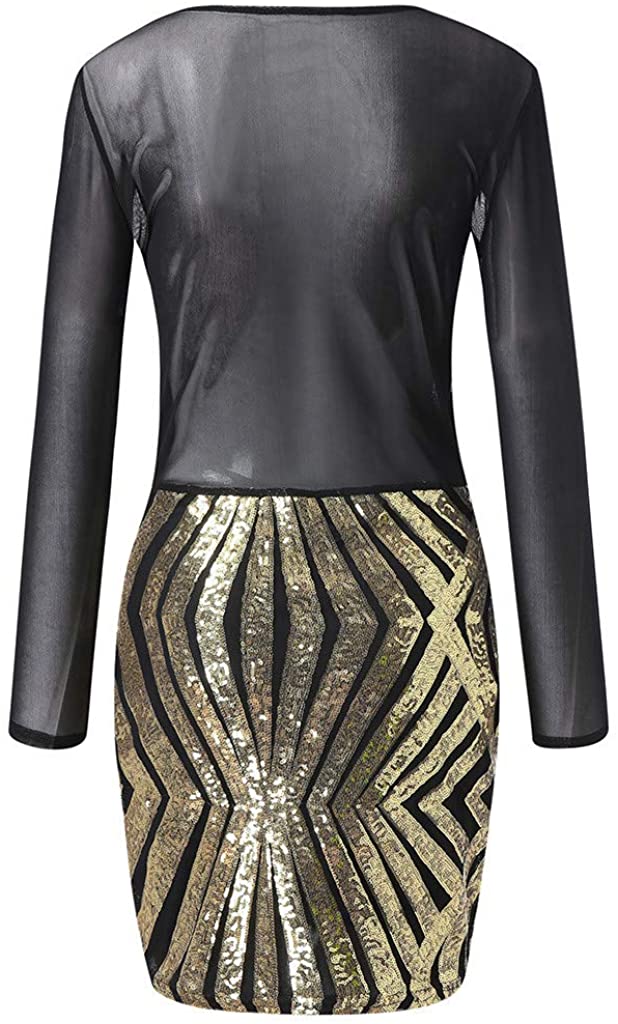 Sheer mesh bodice and a geometric pattern of sparkling sequins skirt