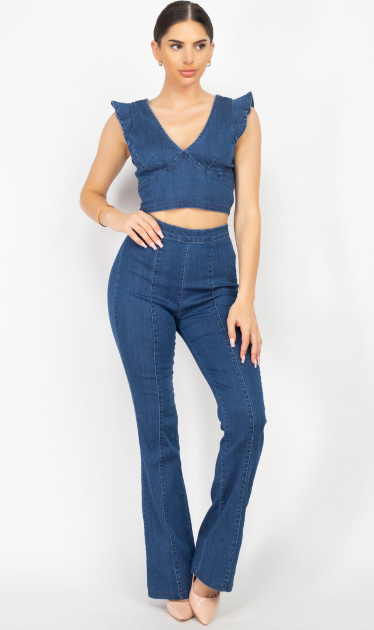 Large V Neck Ruffled Sleeves Top & Denim Flare Pants Set