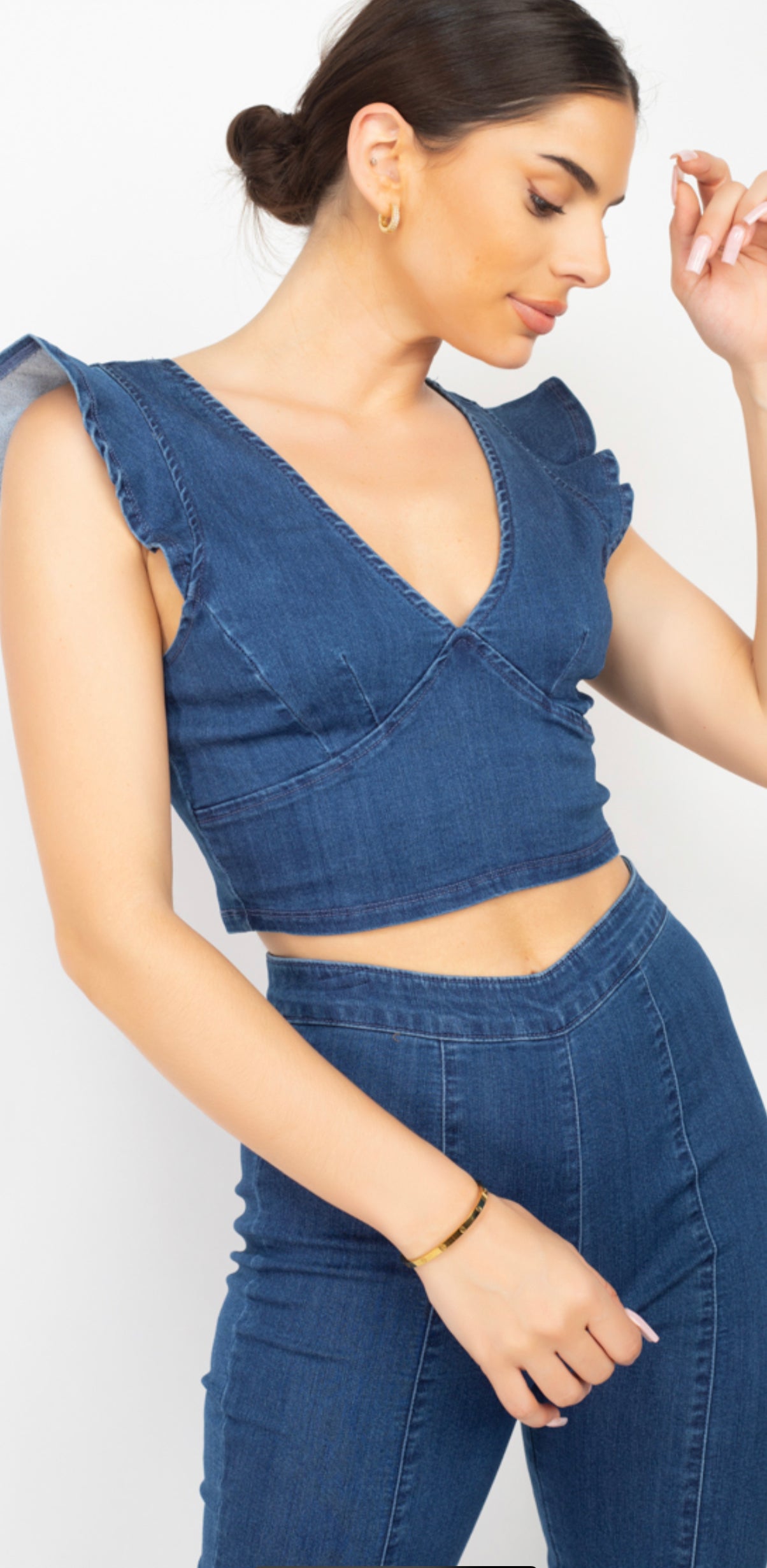 Large V Neck Ruffled Sleeves Top & Denim Flare Pants Set