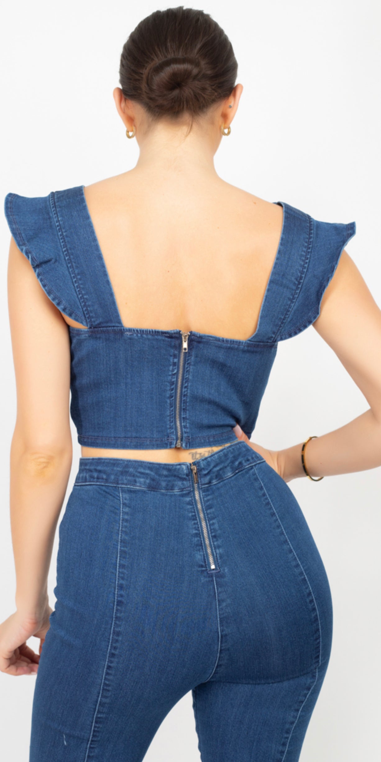 Large V Neck Ruffled Sleeves Top & Denim Flare Pants Set