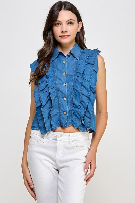 Ruffled Dark Denim Shirt