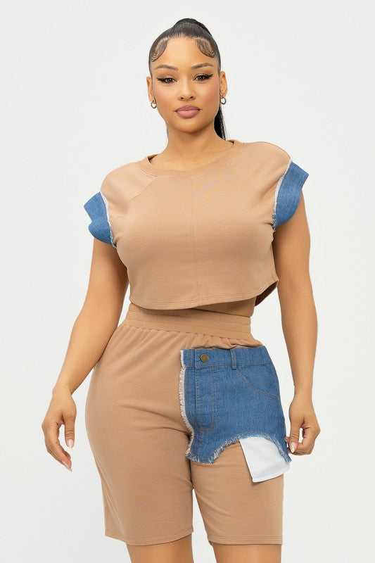 Tan Color Block Top & Short Set