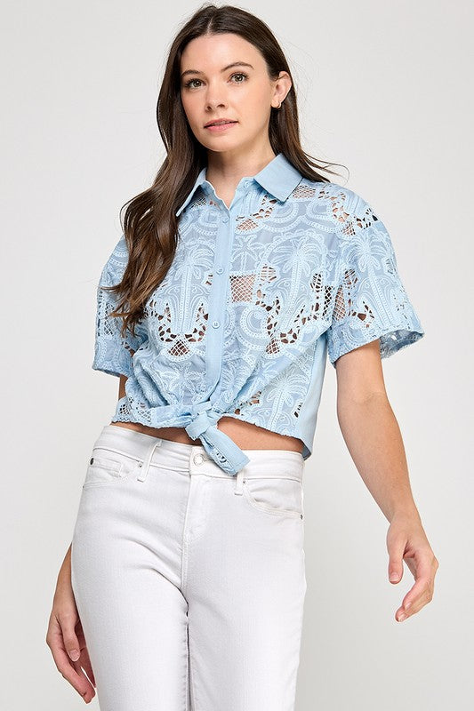 Front Tie Crochet Tropical Shirt